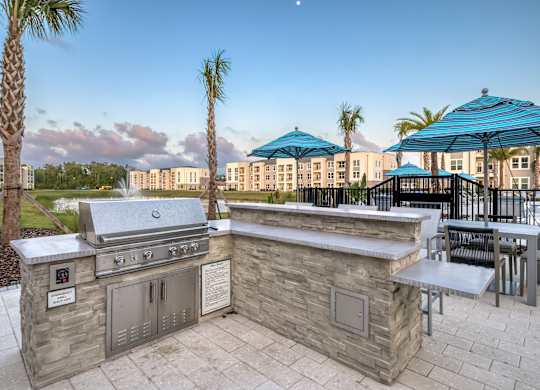 Poolside BBQs and seating.