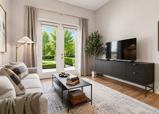 A living room with a grey sofa, a black cabinet, and a large window with curtains.