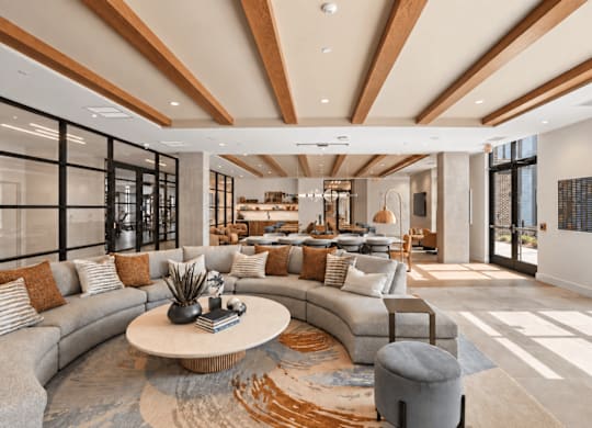 A modern living room with a curved sofa, a round coffee table, and a rug.