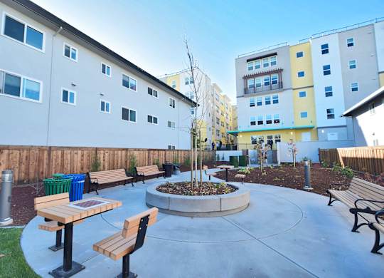 A courtyard with a bench, a table and a tree in a planter.