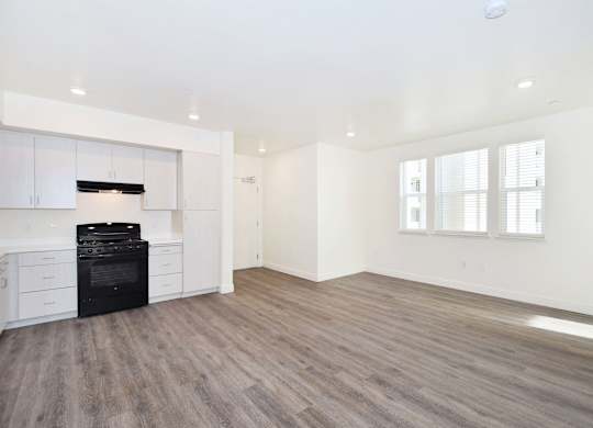 A spacious room with a black stove and wooden flooring.