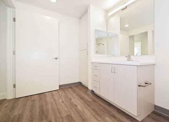 a bathroom with a sink and a mirror
