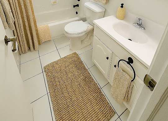 A bathroom with a toilet, sink, and shower.