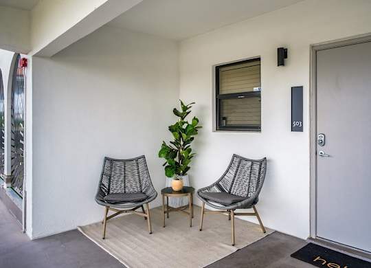 a room with two chairs and a potted plant in front of a door