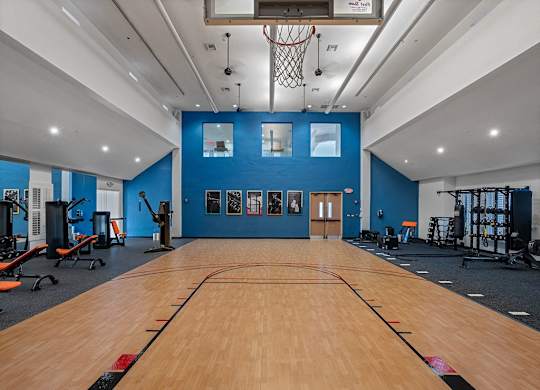 a basketball court in a gym with a basketball hoop and gym equipment