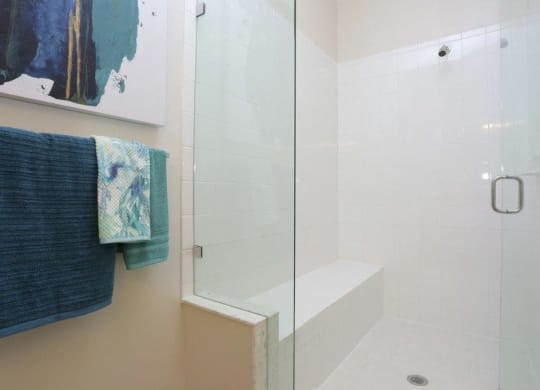 a bathroom with a shower and towels on a towel rack