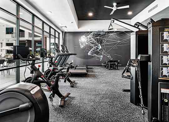 A gym with a variety of exercise equipment including treadmills, stationary bikes, and weight machines.
