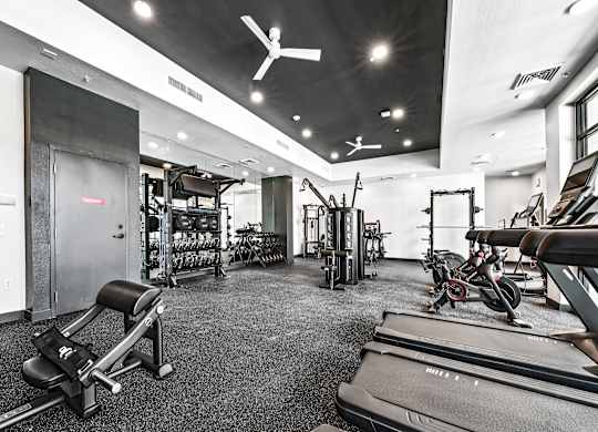A gym with treadmills, weights, and exercise equipment.
