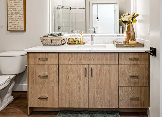 A bathroom with a wooden vanity and a mirror above it.
