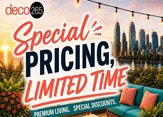 A promotional image for a special pricing, limited time offer for a 2 bedroom apartment at Deco 265.
