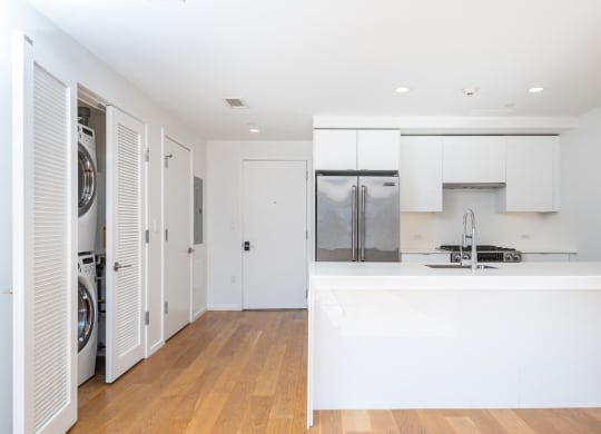 a white kitchen with a washer and dryer and white cabinets