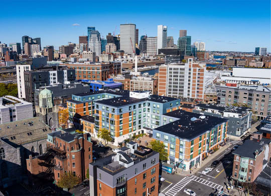 50 West Broadway and 26 West broadway, Residences on broadway apartments aerial view with boston skyline in background