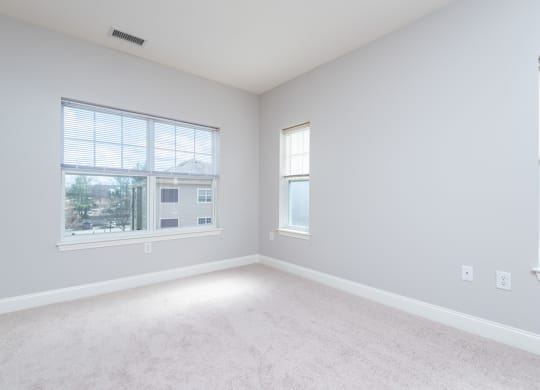Drum hill one bedroom apartment bedroom with plush carpeting and large windows