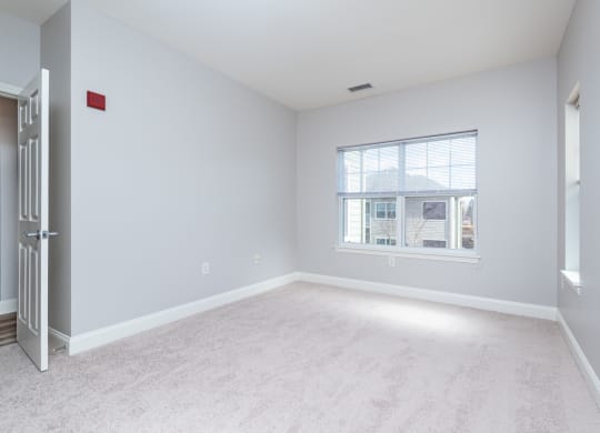 Drum hill one bedroom apartment bedroom with plush carpeting and large windows