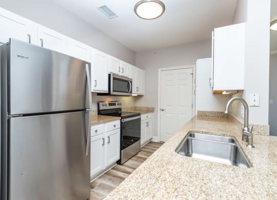 Drum Hill 2 Bedroom Apartment Kitchen with stainless steel fridge and appliances, granite counters and high quality finishes