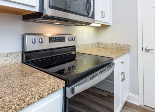 Drum Hill 2 Bedroom Apartment Kitchen with stainless steel range and microwave, granite counters