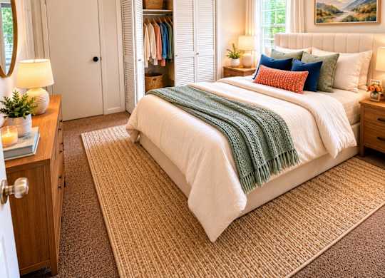 A bedroom with a large bed, a dresser, and a ceiling fan.