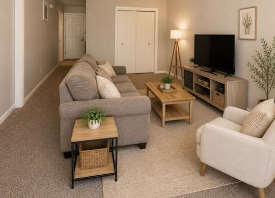 A living room with a grey couch, a wooden coffee table, and a flat screen TV.