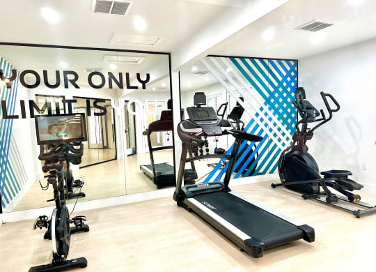 A gym with several exercise machines at Aqua Bay Apartments in Naples, FL 34116