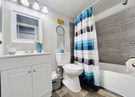 a bathroom with a shower curtain and a toilet and a sink