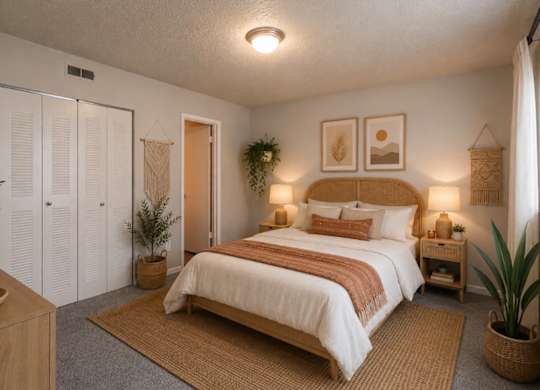 A bedroom with a bed, nightstand, and potted plants.