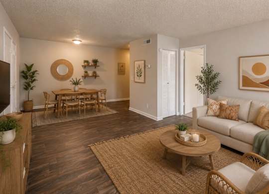 A living room with a white couch, wooden coffee table, and a rug.