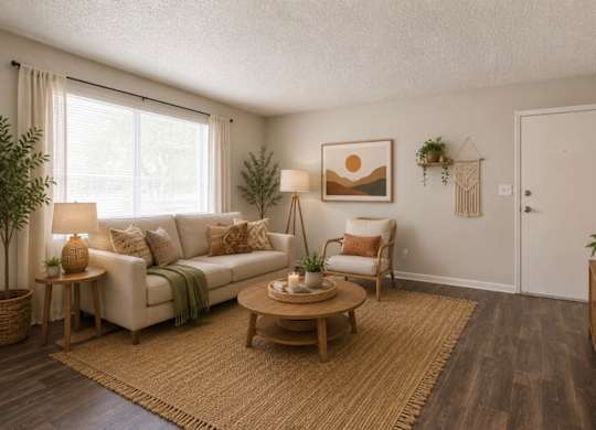 A living room with a white couch, a wooden coffee table, and a painting on the wall.