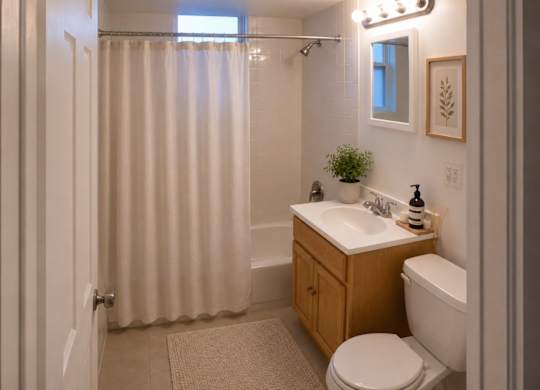 A bathroom with a toilet, sink, and shower.