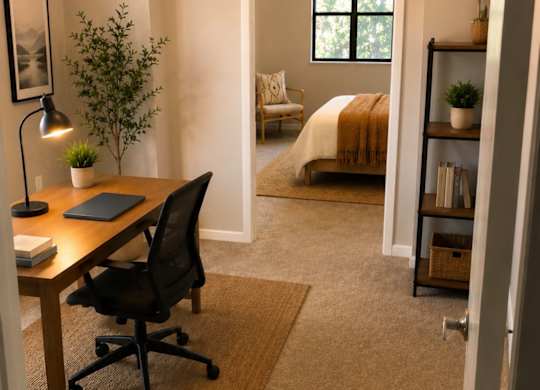 A room with a desk and a chair in it.