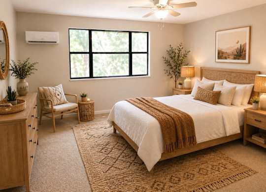 A bedroom with a large bed, a chair, and a rug.