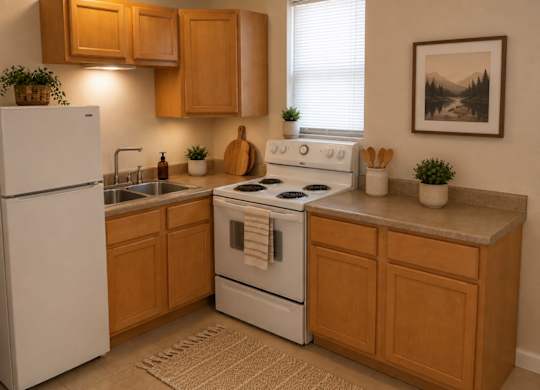 A kitchen with a white refrigerator, white stove, and wooden cabinets.