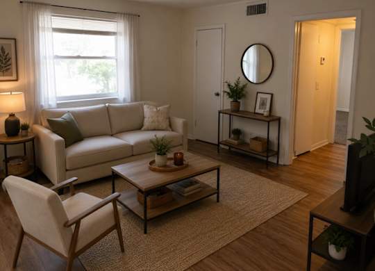 A living room with a white sofa, a wooden chair, and a coffee table.