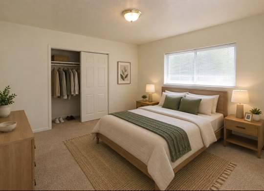 A bedroom with a large bed, a wooden nightstand, and a wardrobe.