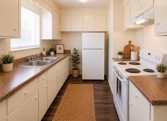 A kitchen with white appliances and wooden cabinets.