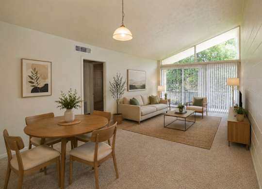 A living room with a dining table and chairs.