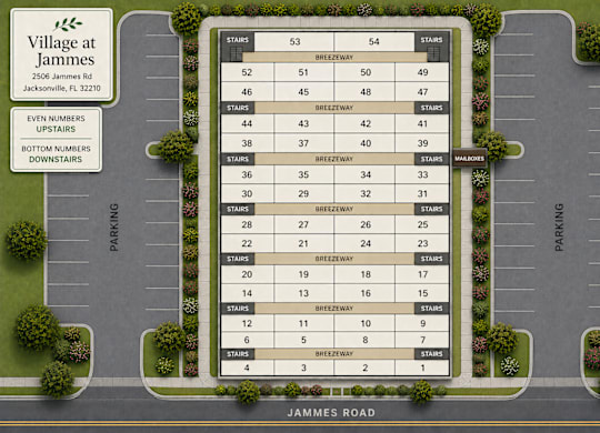 A map of the parking lot at Village at Jammes.
