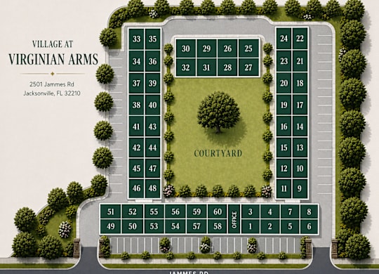 A map of the Village at Virginian Arms with a grid of numbered plots.
