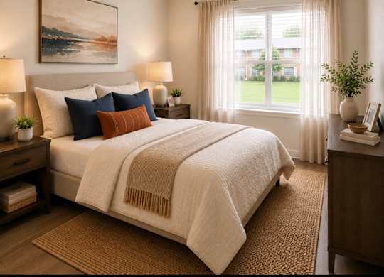 A bedroom with a large bed and a painting on the wall.