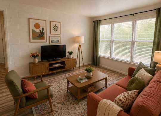 A living room with a red sofa, a green chair, a wooden coffee table, and a television.