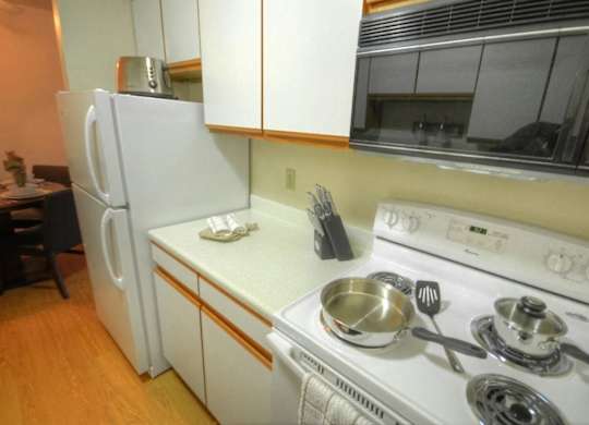 a kitchen with a stove and a refrigerator
