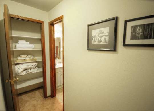 a bathroom with a closet and a mirror and a door to a room with towels