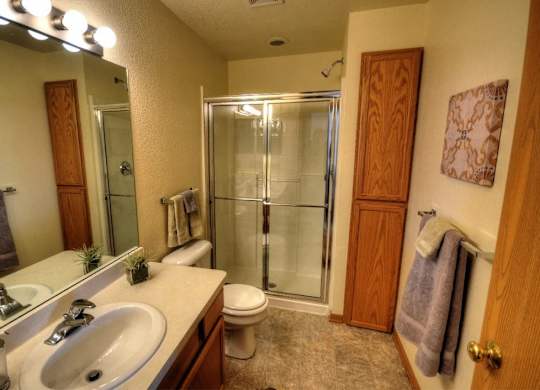 a bathroom with a sink toilet and shower