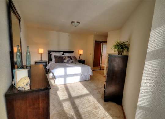 a bedroom with a bed and a dresser