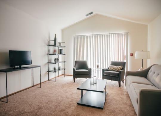 a living room with a couch and chairs and a television
