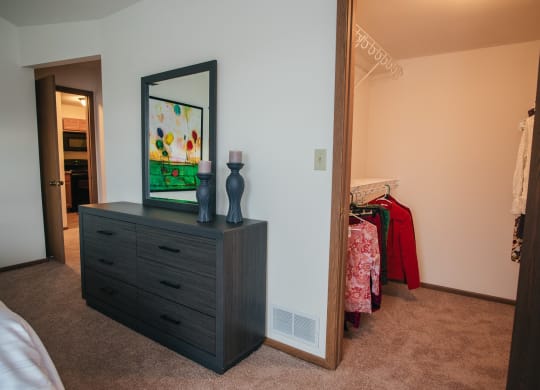 a bedroom with a dresser and a mirror and a closet