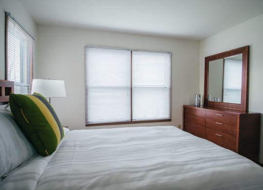 a bedroom with a bed and a dresser and two windows