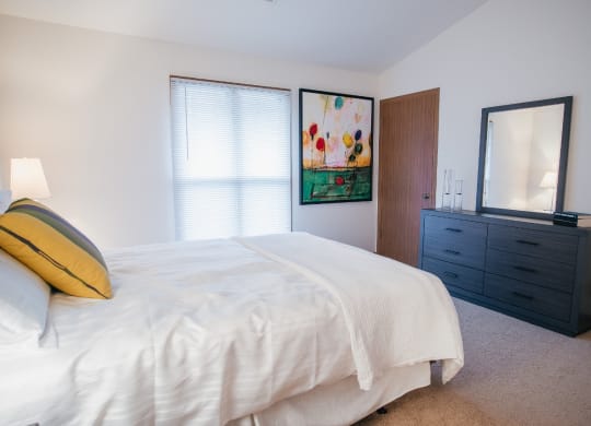 a bedroom with a bed and a dresser and a window