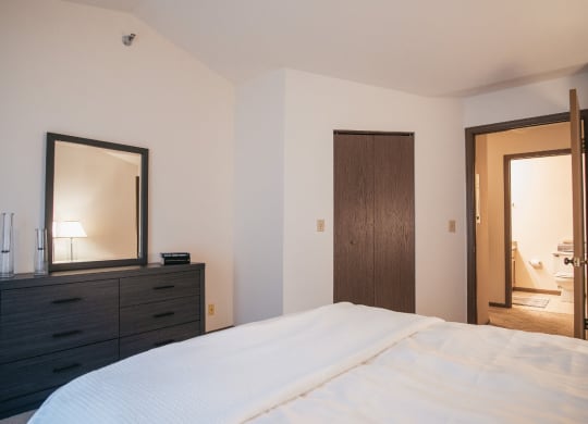 a bedroom with a bed and a dresser and a door to a bathroom