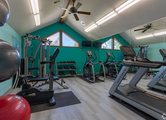 A gym with cardio equipment and weights