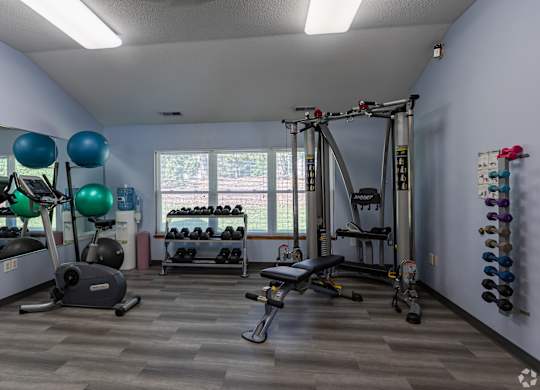 A gym with a variety of equipment including weights, a treadmill, and a bench press.
